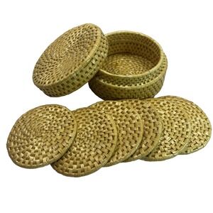 Woven Wicker Lidded Basket With 6 Woven Wicker Drink Coasters 4''